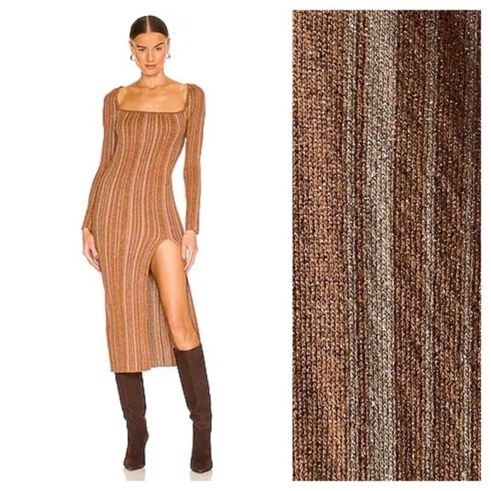LPA Revolve Metallic Bronze Boone Midi Knit Dress Large